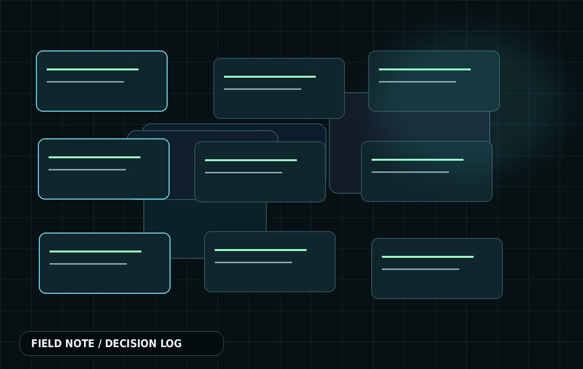 Decision log cards arranged beside a product architecture sketch